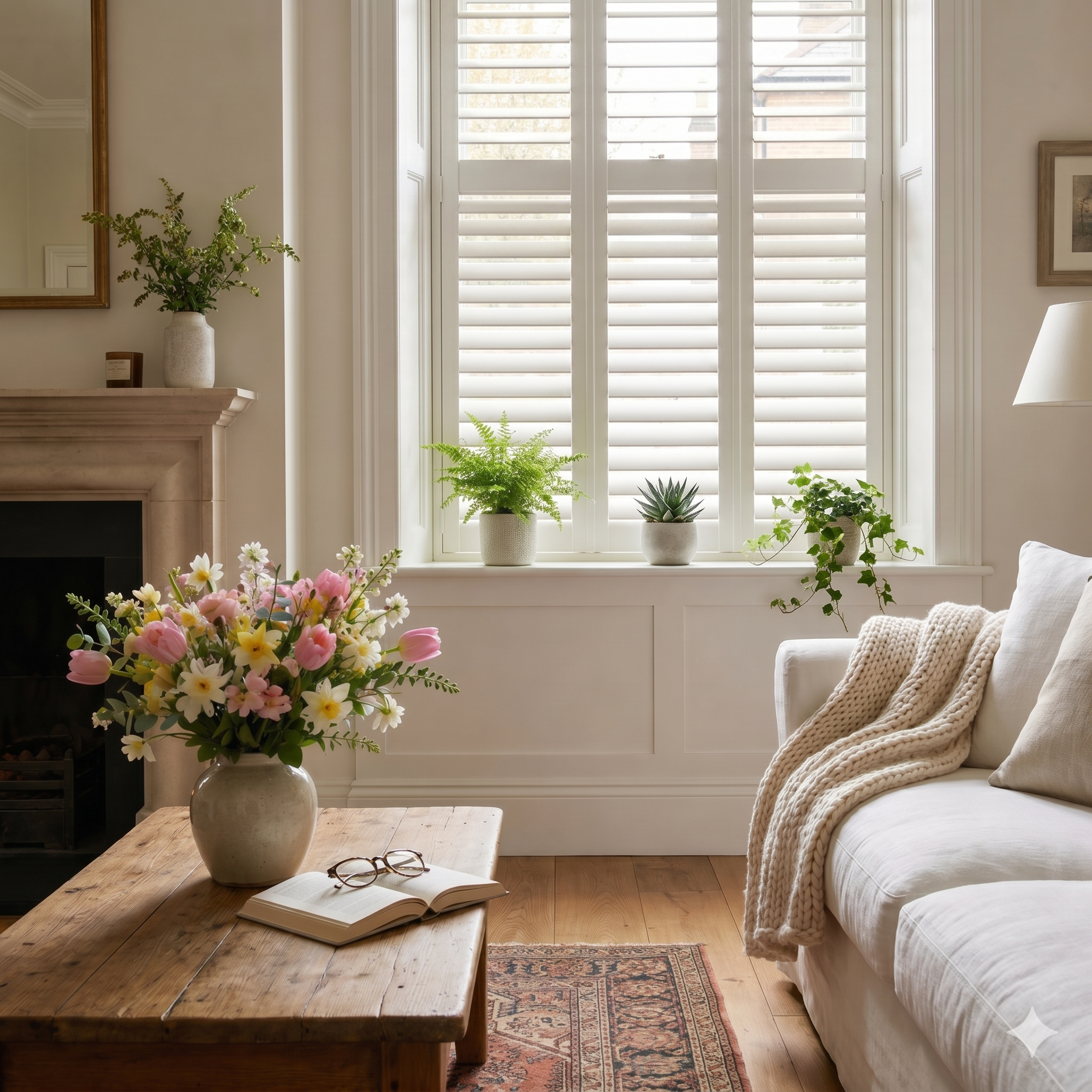 A high-end, traditional, and cosy living room with large white window shutters